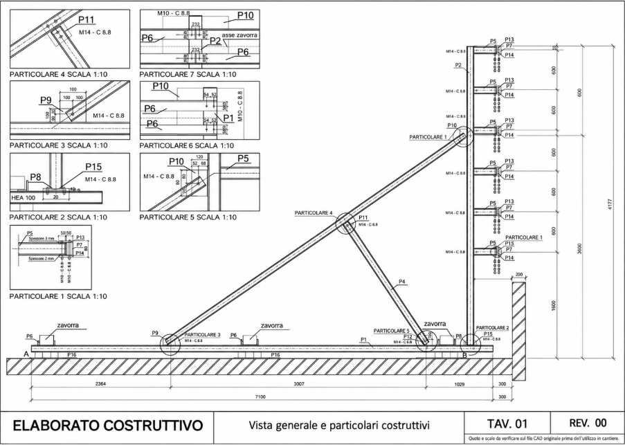 Elaborato costruttivo della struttura metallica con vista generale e dettagli dei collegamenti